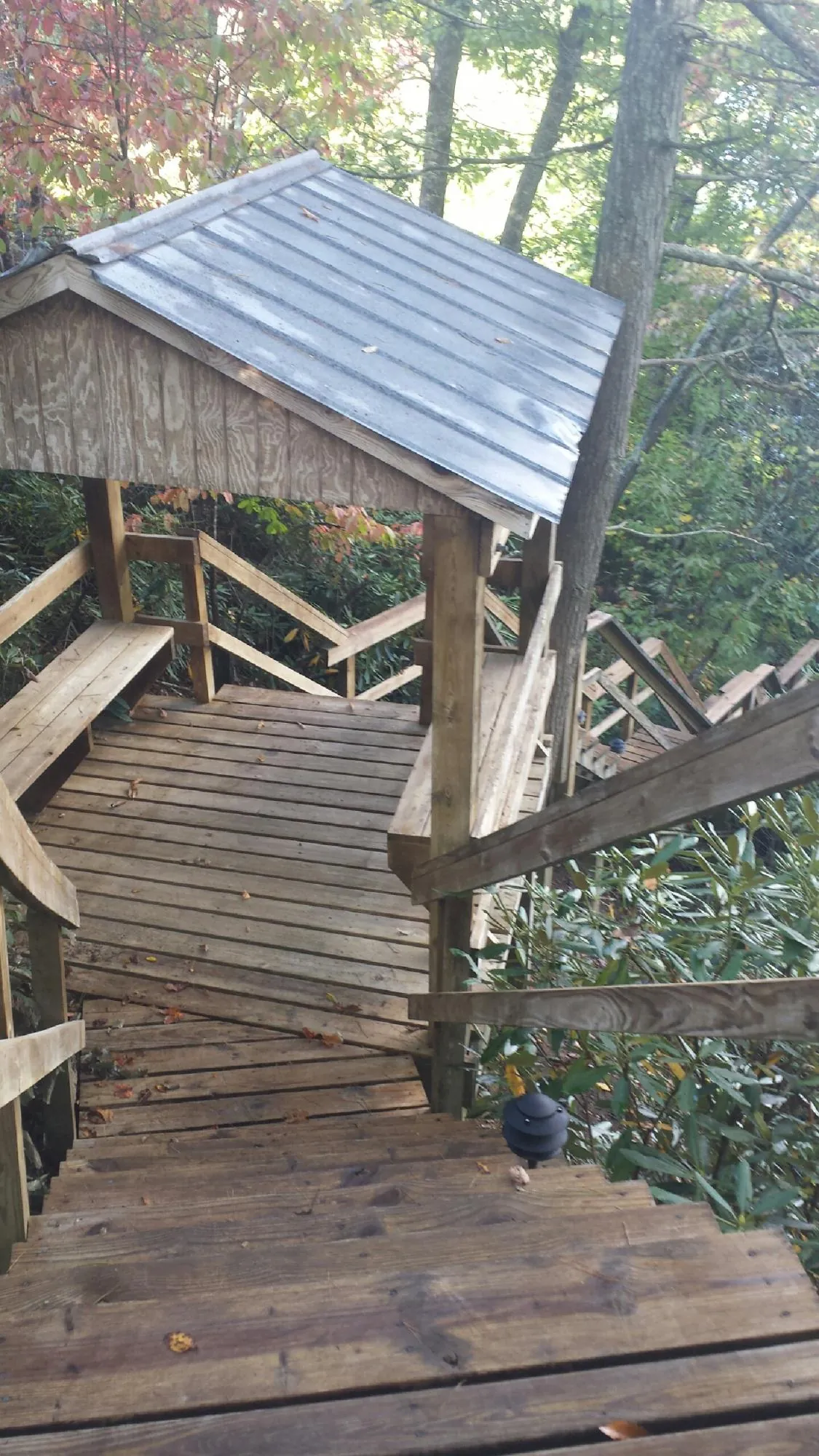 Metal roofed shelter over wooden steps on a wooded walkway — Skylight Repair & Installation work by our crew in Swartz Creek